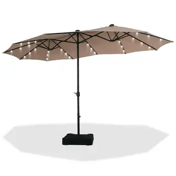 Двусторонний зонт для патио с основанием, большой настольный зонт для улицы с кривошипной ручкой и 36 светодиодными лампочками, бежевый